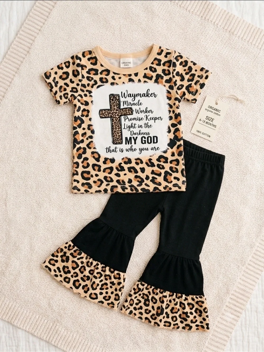 Leopard Cross Graphic Top & Bell-Bottom Pants Set - Tan/Black 6-12 month
